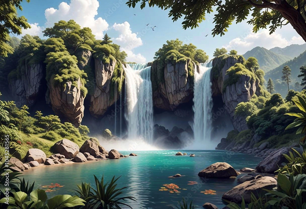 Fototapeta premium A tranquil mountain landscape with a crystal clear lake and a cascading waterfall, surrounded by green trees and rocky peaks, creating an atmosphere of peace