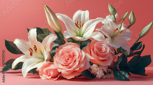Elegant Romantic Floral Arrangement Featuring Red Roses and White Lilies in a Glass Vase