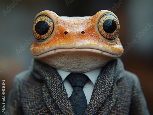 Close-up of an anthropomorphic frog in a stylish suit, showcasing creativity and charm for design and creative industries. Detailed view of suit and frog. photo