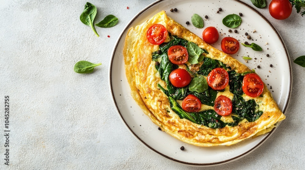 Fresh Spinach and Tomato Omelette on Plate Fresh Spinach and Tomato Omelette on Plate