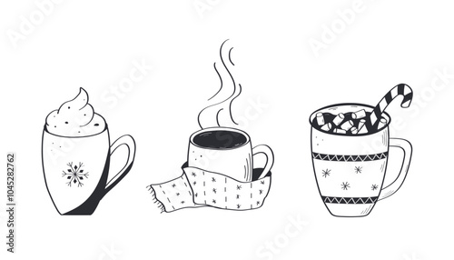 Christmas set of hot drinks doodle style. Delicious cocoa with marshmallows, hot chocolate, coffee with cream or tea. Vector illustration hand drawn.