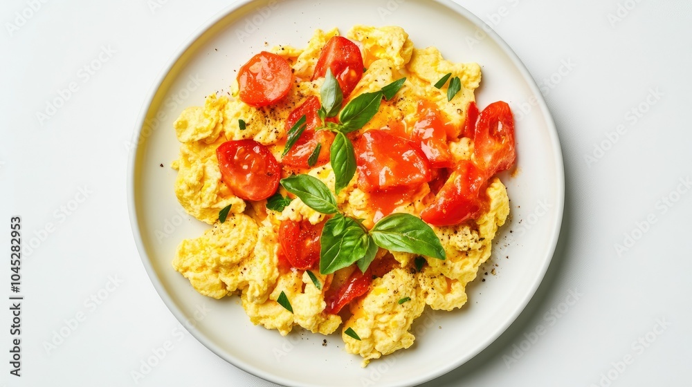 Fresh Scrambled Eggs with Tomato and Basil Garnish Fresh Scrambled Eggs with Tomato and Basil Garnish