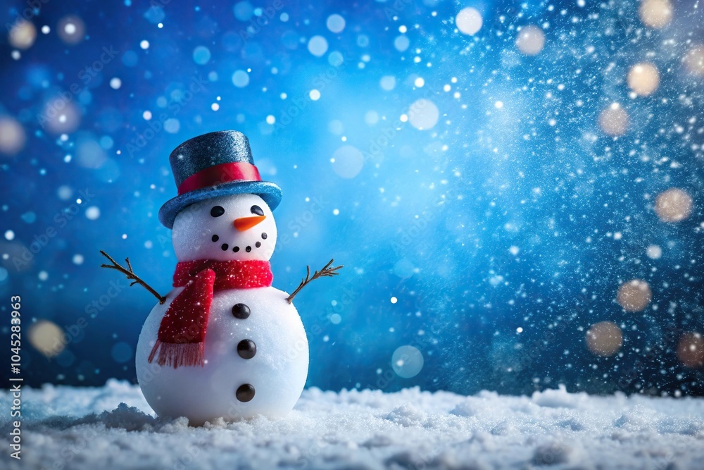 Fototapeta premium Snowman in falling snow silhouette on blue background