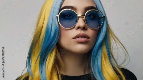 woman wearing glasses with light yellow and blue hair