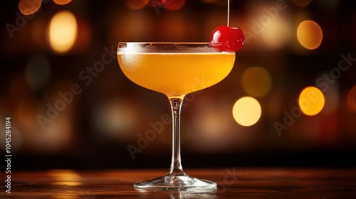 Golden Cocktail with Cherry Garnish