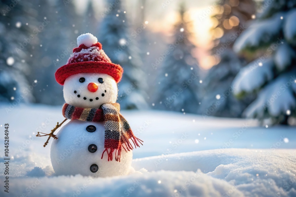 Fototapeta premium Snowman peacefully standing in a snowy field