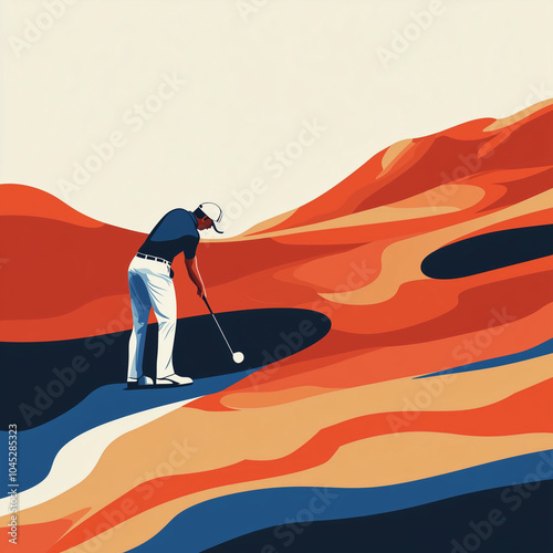 A man is playing golf on a course with a red and orange background. The man is in the middle of his swing, and the golf ball is in the air. Concept of focus and concentration