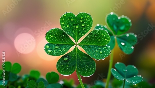 Vibrant green clover leaves with water drops, Macro photography