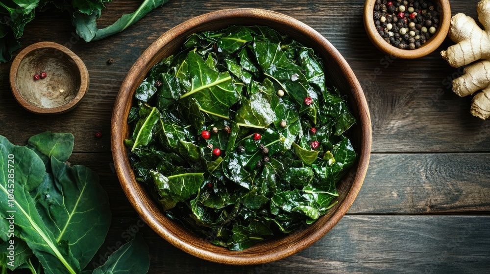 Fresh Greens in Wooden Bowl with Spices and Ginger Fresh Greens in Wooden Bowl with Spices and Ginger