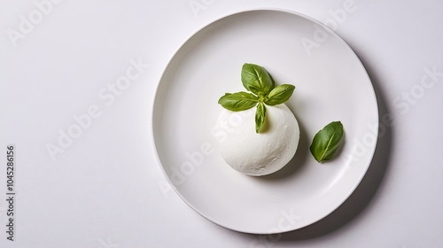 Fresh Mozzarella with Basil on White Plate