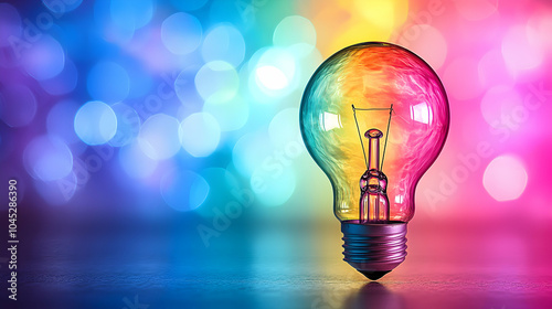 Vibrant Rainbow-Colored Lightbulb Floating on a Simple Background