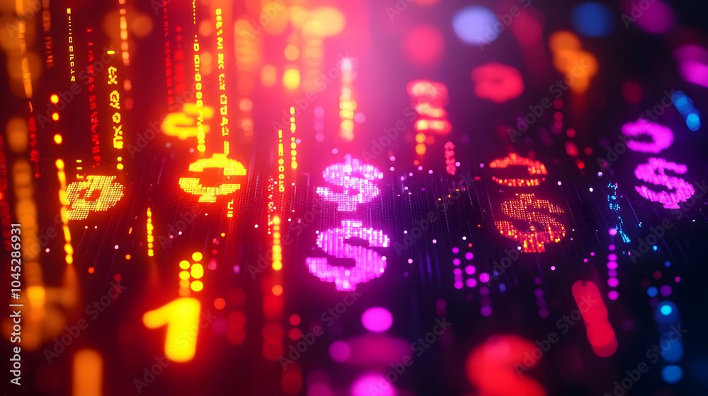 3D Macro Image Glowing Advertising Banner Currency Symbols Abstract Background Bokeh Lights Financial Advertising Copy Space Branding Close Up Icon 3D Macro Image Glowing Advertising Banner Currency Symbols Abstract Background Bokeh Lights Financial Advertising Copy Space Branding Close Up Icon