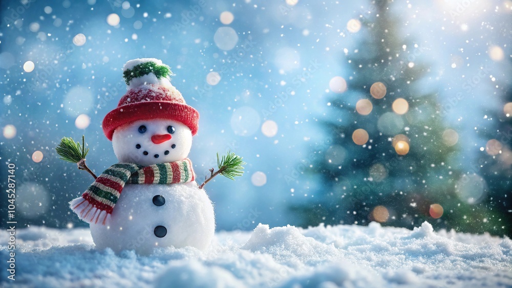 Snowman surrounded by falling snow on a winter background with shallow depth of field Snowman surrounded by falling snow on a winter background with shallow depth of field