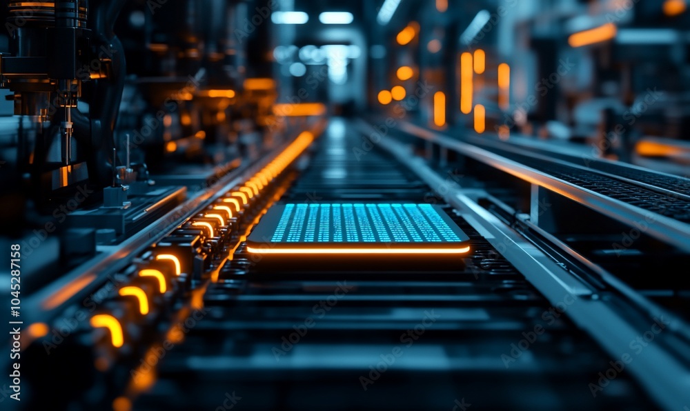 A close-up of a futuristic production line with a glowing electronic device moving along a conveyor belt. A close-up of a futuristic production line with a glowing electronic device moving along a conveyor belt.