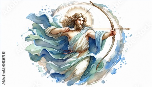 angel Adnachiel, Depicted with a bow and arrow, symbolizing protection.in watercolor illustration