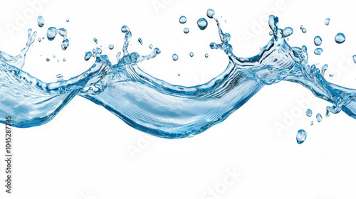 A clear image of flowing water with splashes, showcasing its purity and fluid motion against a white background.