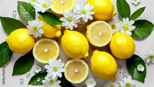 Vibrant Composition of Whole Lemons and Lemon Halves with Shiny Yellow Surfaces, Green Leaves, and White Flowers on a Light Background, Showcasing the Freshness, Natural Beauty