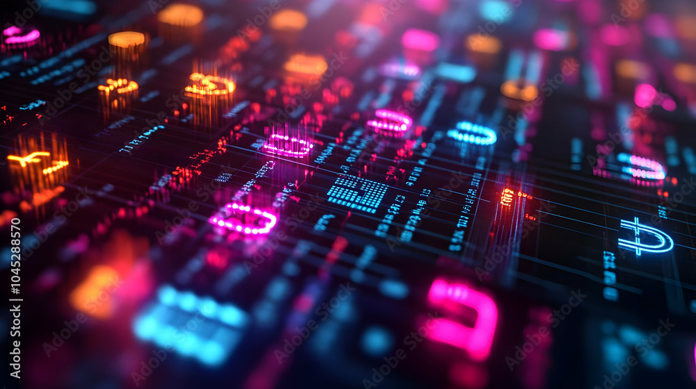 3D Macro Shot Glowing Holographic Financial Report Currency Symbols Discount Icons Concept Detailed Close Up Futuristic Design Financial Analysis Business Advertising Strategies Copy Space Icon