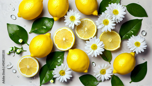 Vibrant Composition of Whole Lemons and Lemon Halves with Shiny Yellow Surfaces, Green Leaves, and White Flowers on a Light Background, Showcasing the Freshness, Natural Beauty
