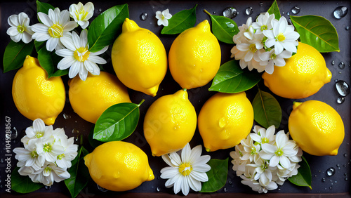 Vibrant Composition of Whole Lemons and Lemon Halves with Shiny Yellow Surfaces, Green Leaves, and White Flowers on a Light Background, Showcasing the Freshness, Natural Beauty