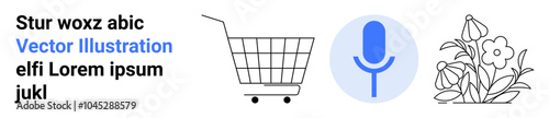 A shopping cart, a blue microphone, and a flower bouquet side by side. Ideal for e-commerce, technology, gardening, digital design, and online services. Banner for landing page