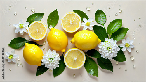 Vibrant Composition of Whole Lemons and Lemon Halves with Shiny Yellow Surfaces, Green Leaves, and White Flowers on a Light Background, Showcasing the Freshness, Natural Beauty