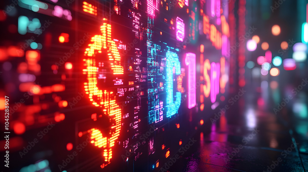 3D Macro Shot Holographic Advertisement Panel Glowing Currency Symbols Financial Advertising Bokeh Lights Close Up Ample Copy Space Modern Concept 3D Macro Shot Holographic Advertisement Panel Glowing Currency Symbols Financial Advertising Bokeh Lights Close Up Ample Copy Space Modern Concept