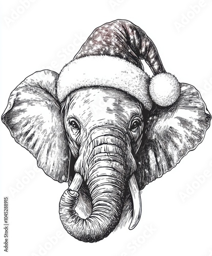 Black and white Vintage engraved art of an elephant wearing a Christmas Santa hat, isolated on white background, ink sketch illustration, simple vector art design, highly detailed line art, high  photo