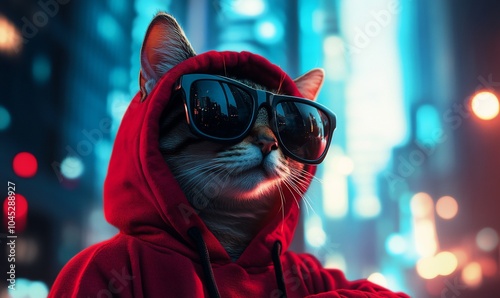 A cool cat wearing sunglasses and a red hoodie in a city at night. photo