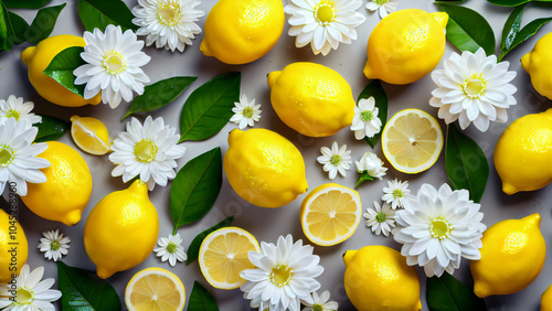 Vibrant Composition of Whole Lemons and Lemon Halves with Shiny Yellow Surfaces, Green Leaves, and White Flowers on a Light Background, Showcasing the Freshness, Natural Beauty