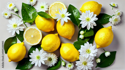 Vibrant Composition of Whole Lemons and Lemon Halves with Shiny Yellow Surfaces, Green Leaves, and White Flowers on a Light Background, Showcasing the Freshness, Natural Beauty