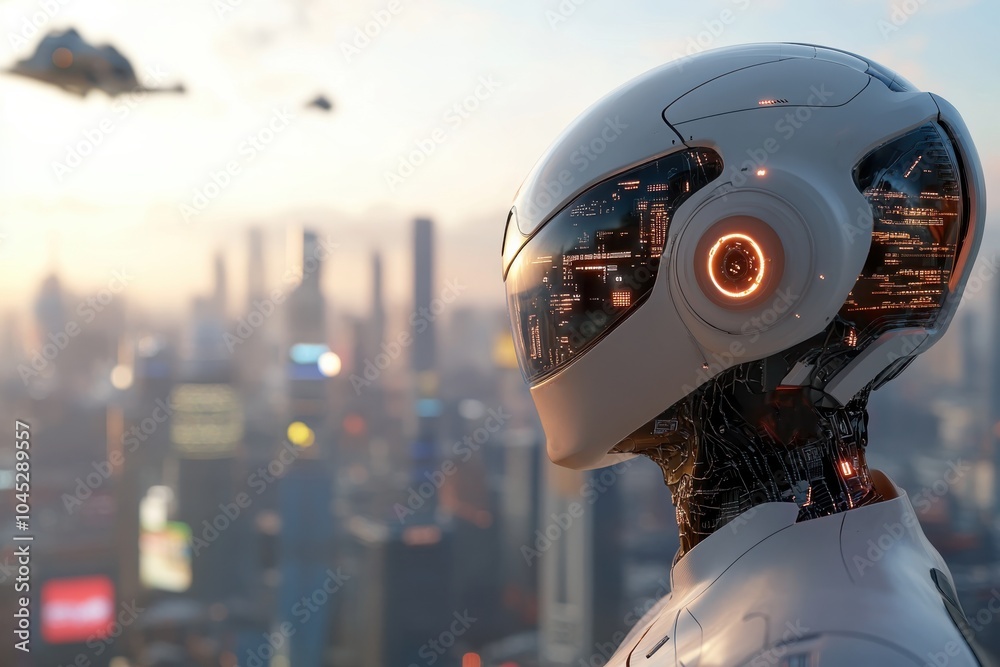 A sophisticated robot gazes over a futuristic city skyline, capturing the essence of technological advancement and the future of urban life.