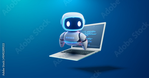 Cute AI robot floating over laptop with coding on screen, symbolizing artificial intelligence and automation. Digital assistant, artificial intelligence. Vector illustration
