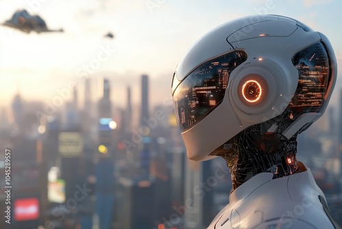 A sophisticated robot gazes over a futuristic city skyline, capturing the essence of technological advancement and the future of urban life. photo