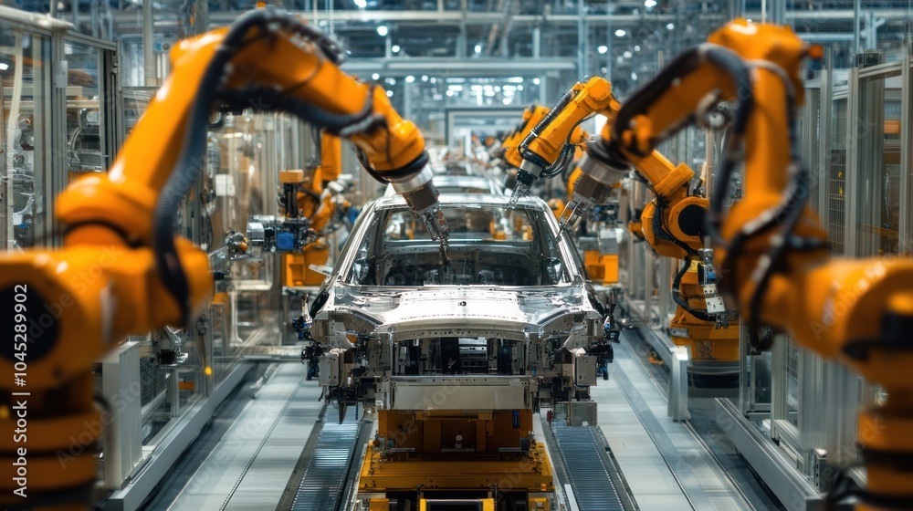 Motor manufacturing plant with advanced robotic assembly lines, precise machinery, and modern industrial design. Motor manufacturing plant with advanced robotic assembly lines, precise machinery, and modern industrial design.
