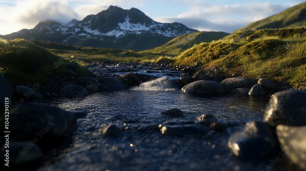 A small creek flows through a rocky landscape with a mountain in the background. A small creek flows through a rocky landscape with a mountain in the background.