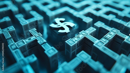 3D Money Laundering Maze Concept Seamless Tile Pattern Close Up Complex Maze Stylized Money Symbols Financial Crime Prevention Minimalist Puzzle Icon White Background Camera Zoom Out photo