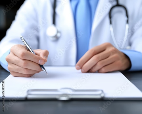 Doctor writing on a notepad with a stethoscope around their neck, professional medical setting.