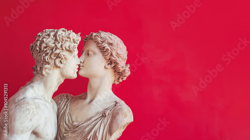 Antique statues kissing on red background.