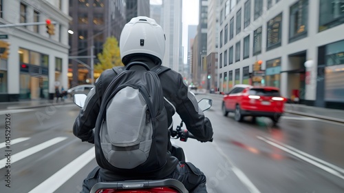 A motorcyclist wearing a helmet and a backpack rides through a busy city street with cars and buildings in the background.