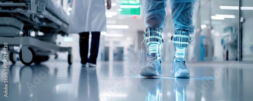 Healthcare professional in protective gear walking in a hospital, conveying safety and modern medical practices.