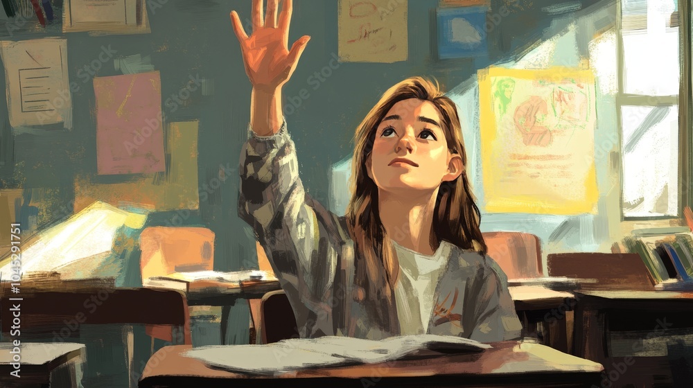 Fototapeta premium A portrait of a student raising their hand to ask a question in a classroom, with desks, books, and educational posters in the background, emphasizing engagement and curiosity