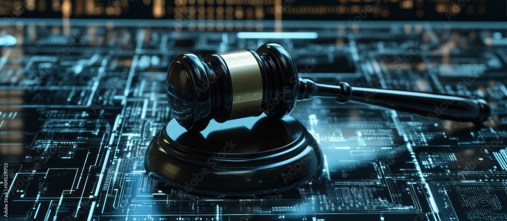 Gavel resting on a futuristic circuit board, symbolizing the intersection of law and technology. Gavel resting on a futuristic circuit board, symbolizing the intersection of law and technology.