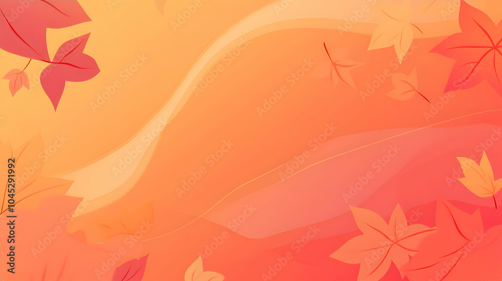 A serene autumn scene with a background transitioning from soft orange to deep red. The abstract gradient is overlaid with scattered, outlined leaves falling slowly in an organized geometric pattern