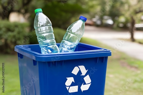 Two plastic water bottles in a blue recycling bin outdoors.