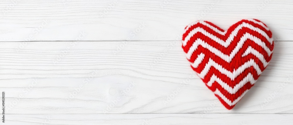 Obraz premium Red and white chevron heart decoration on a rustic wooden surface, perfect for Valentine's Day.