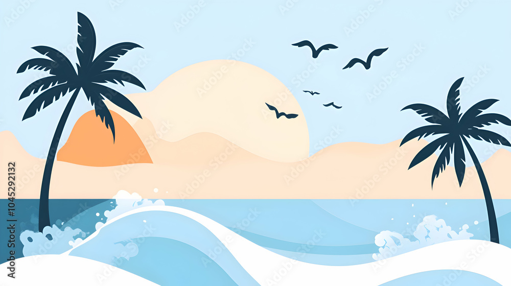 A serene beach background with flat design palm trees and waves, set against a soft blue sky, creating a relaxing and calm scene A serene beach background with flat design palm trees and waves, set against a soft blue sky, creating a relaxing and calm scene