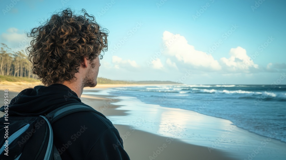 Silica Sand Beach Vacation in Australia. Curly Haired Man Exploring the Ocean View Silica Sand Beach Vacation in Australia. Curly Haired Man Exploring the Ocean View