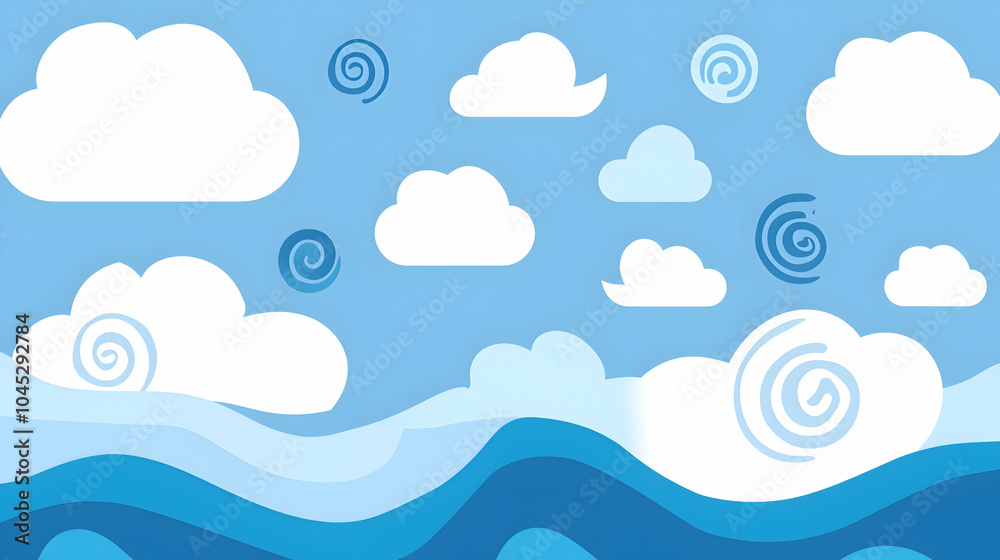 A serene blue background featuring simple flat design clouds and abstract waves, creating a calming ocean-inspired scene with soft shades of blue A serene blue background featuring simple flat design clouds and abstract waves, creating a calming ocean-inspired scene with soft shades of blue