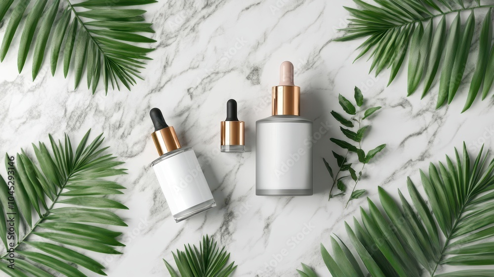 A luxurious cosmetics packaging display with bottles on a marble surface paired with greenery A luxurious cosmetics packaging display with bottles on a marble surface paired with greenery
